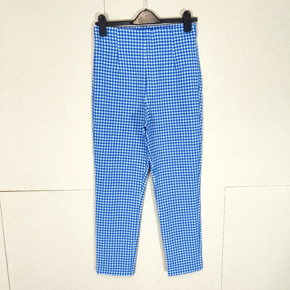 Zara Pants - Zara Blue & White High Waisted Cropped Gingham Check Trousers Size Medium UK 10